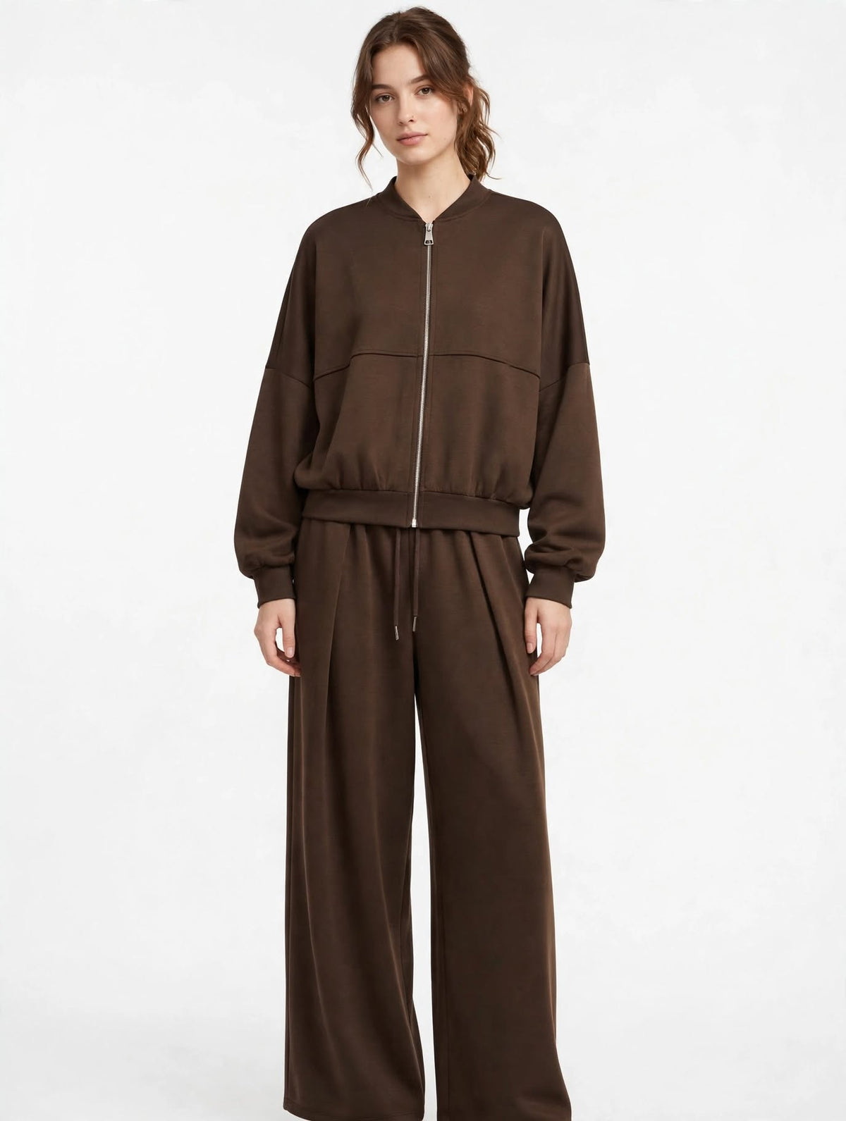Tuta Donna Completa Bomber Crop + Pantalone Palazzo Largo - Nero, Melanzana, Moro