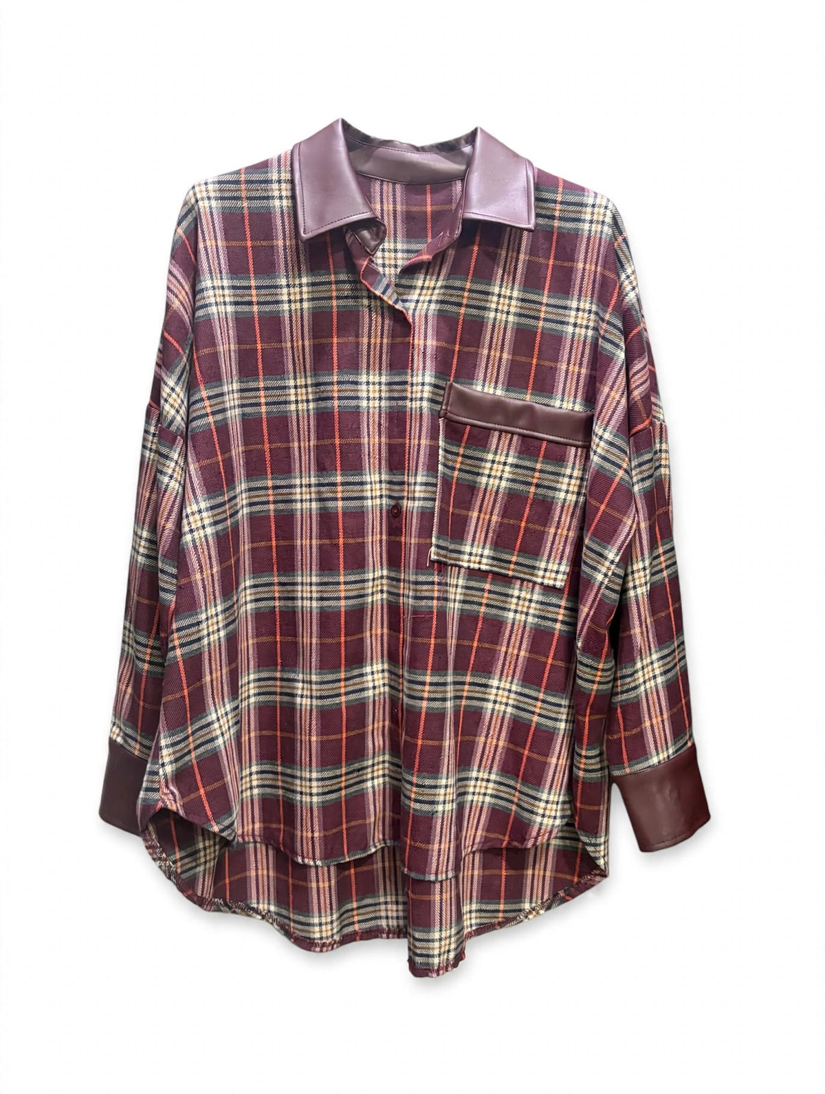 Camicia Oversize a Quadri con Dettagli Eco-Pelle - Mod. Biker Check