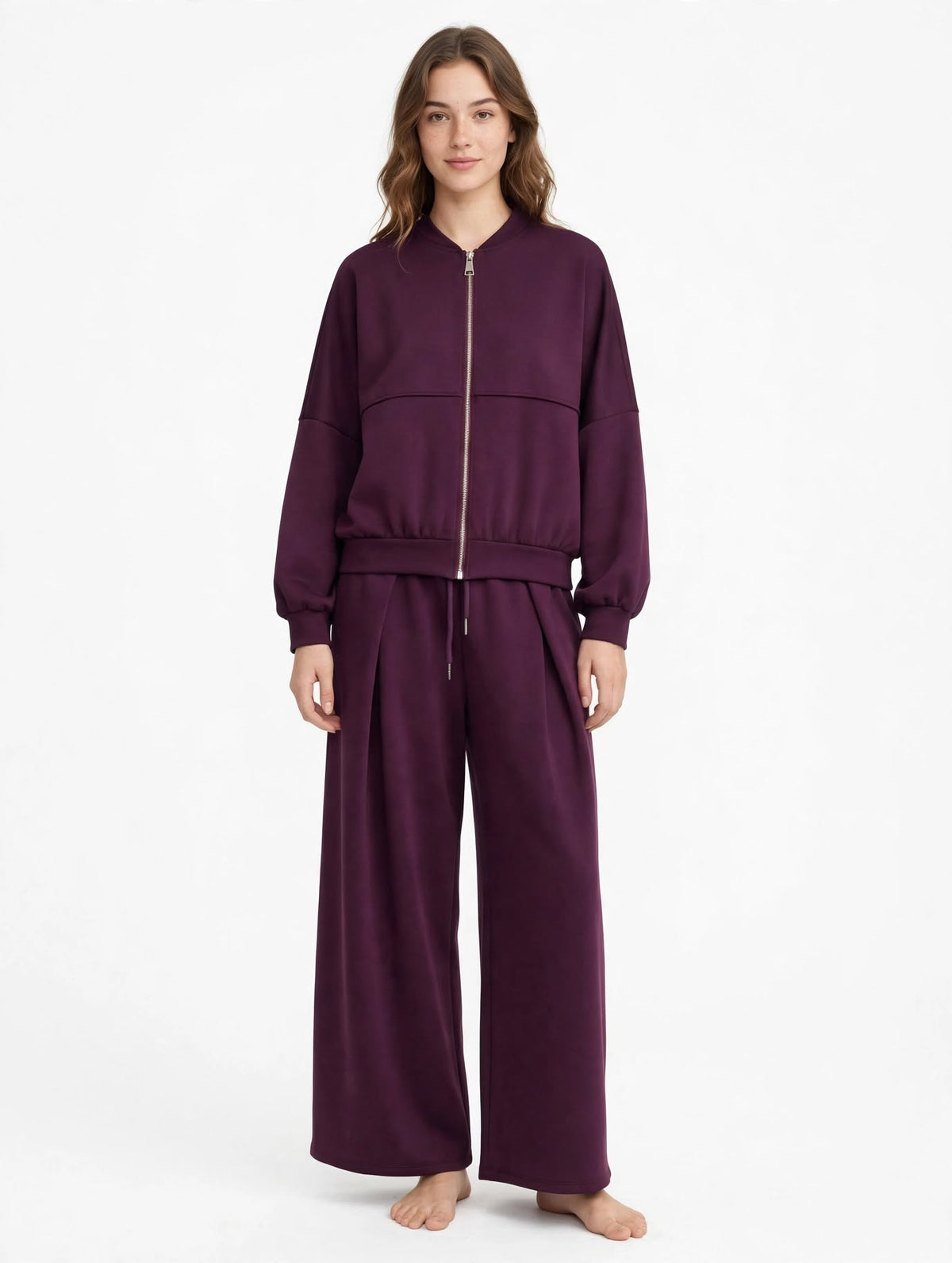 Tuta Donna Completa Bomber Crop + Pantalone Palazzo Largo - Nero, Melanzana, Moro