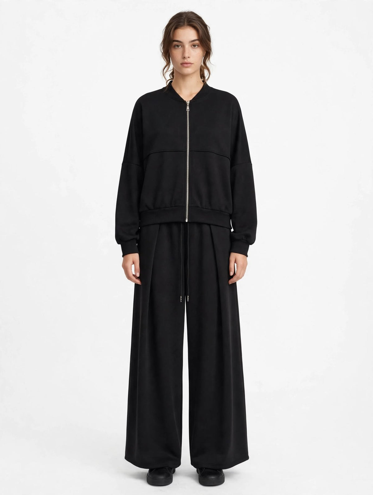 Tuta Donna Completa Bomber Crop + Pantalone Palazzo Largo - Nero, Melanzana, Moro
