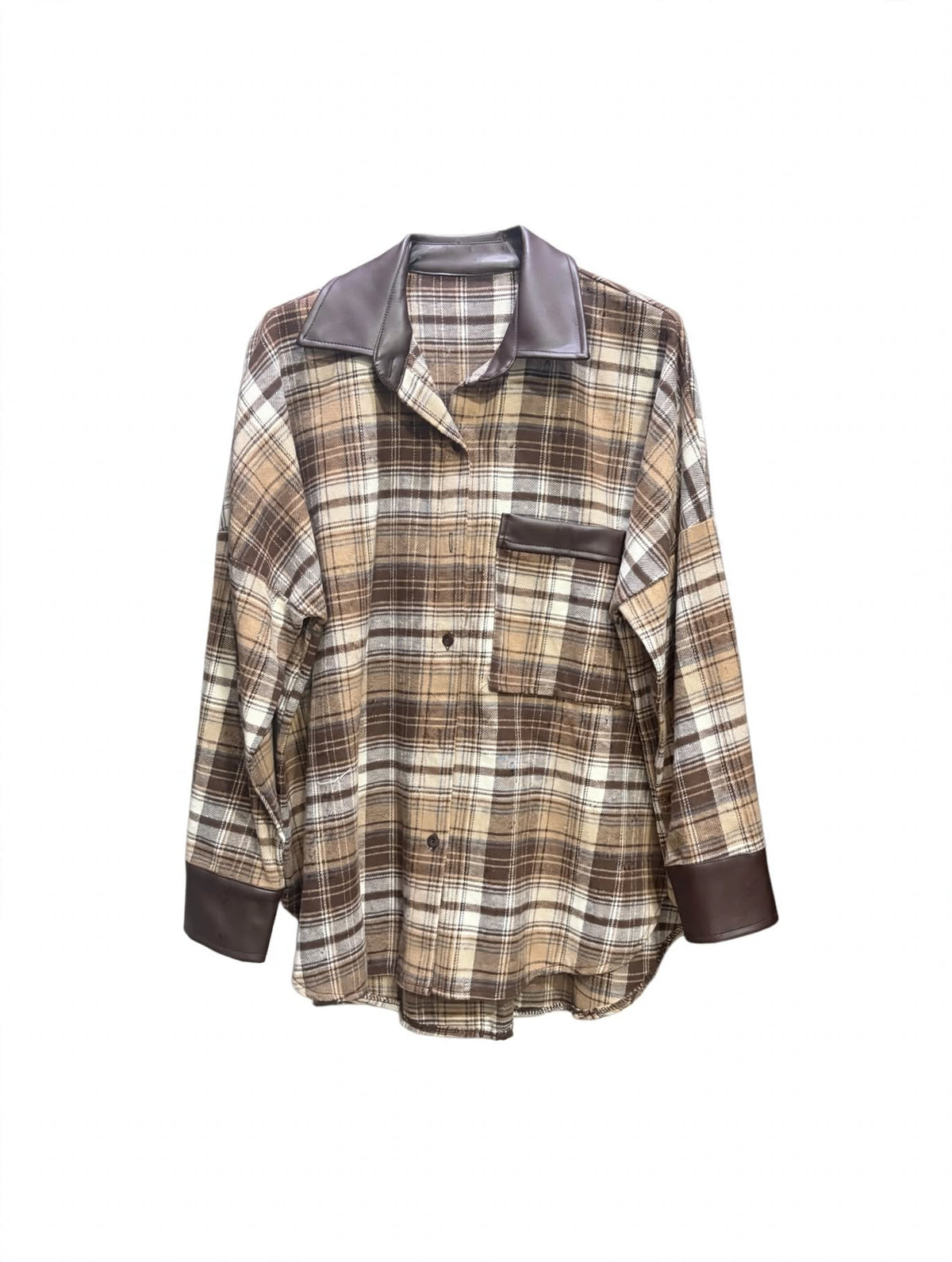 Camicia Oversize a Quadri con Dettagli Eco-Pelle - Mod. Biker Check